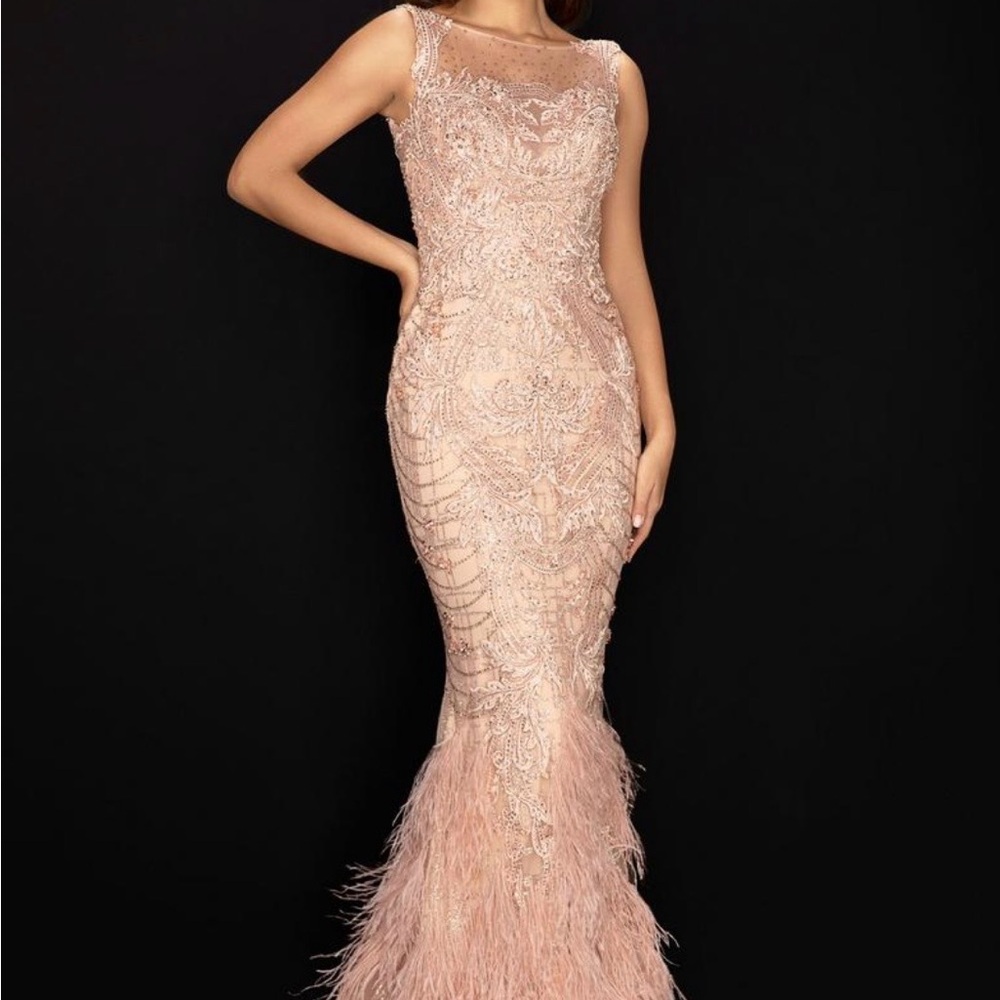 Terani Couture Blush Feathered Beaded Mermaid Gown